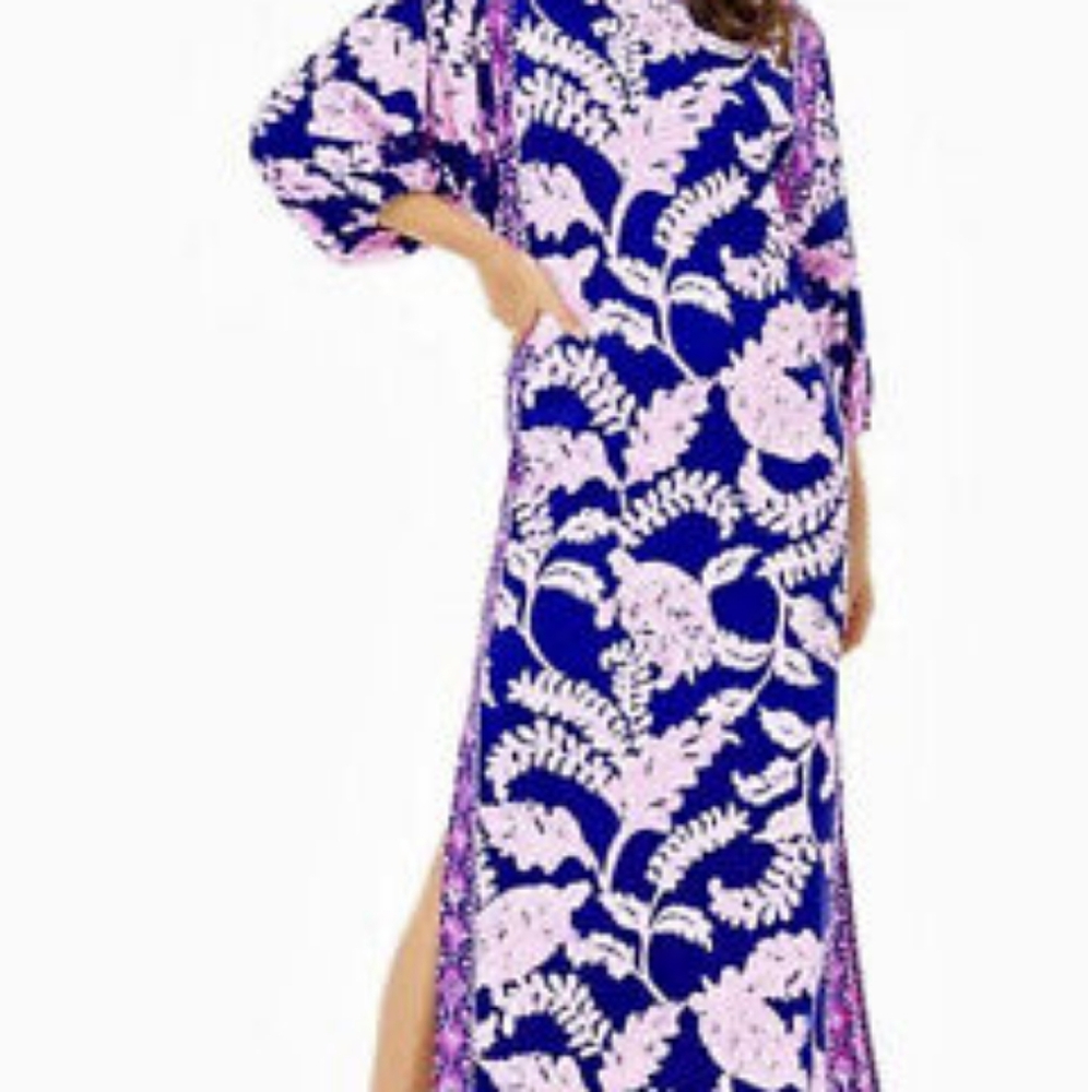 Lilly Pulitzer Silva Maxi Dress, Size 0, Galaxy blue, what the shell pink
